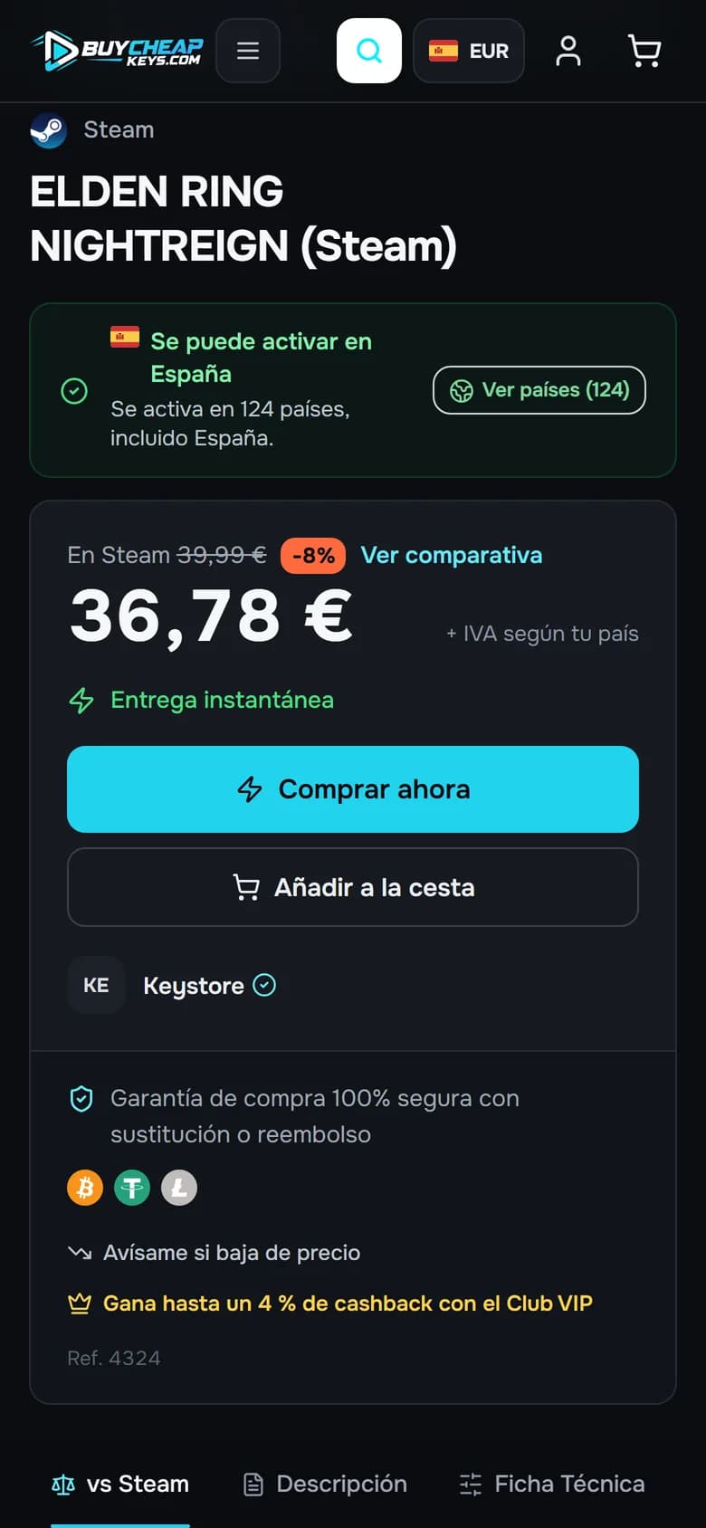 Strona produktu BuyCheapKeys na telefonie