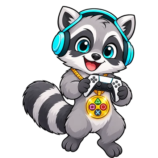 Rocky, the BuyCheapKeys raccoon, playing with a controller