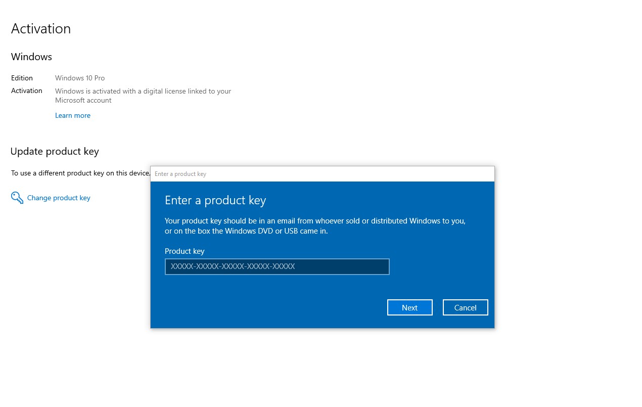 Entering Windows 10 Product Key